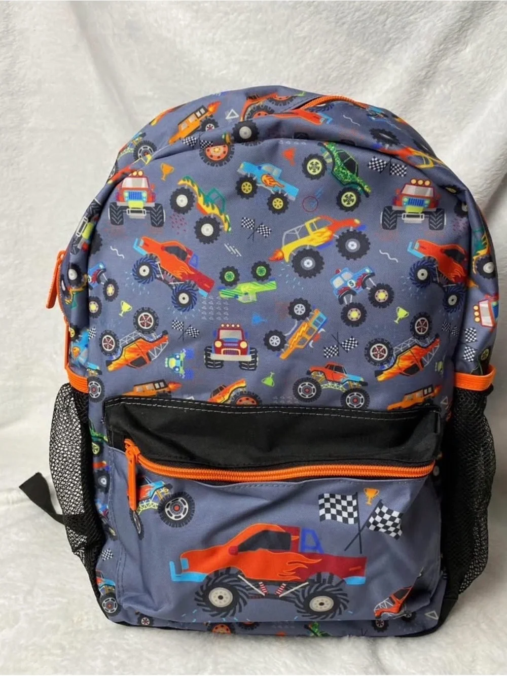 NWOT Kids Monster Truck Backpack Gray with Orange Accents 15’ height